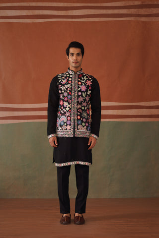 Kirtha - Black Embroidered Jacket Kurta Set