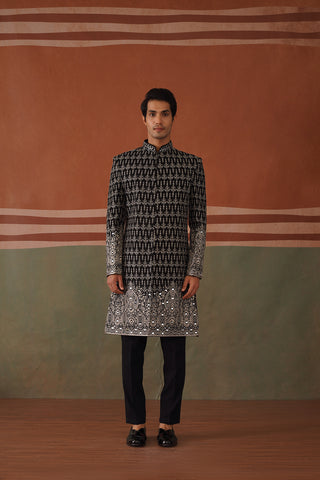 Zain - Mirror Work Black Indowestern with Silver Embroidery