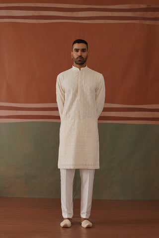 Karan Tacker in Nivan - Ivory Embroidered Kurta Trouser Set With Dupatta
