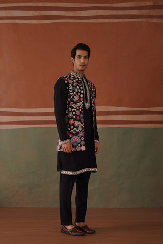 Kavil - Open Black Embroidered Jacket Kurta Set