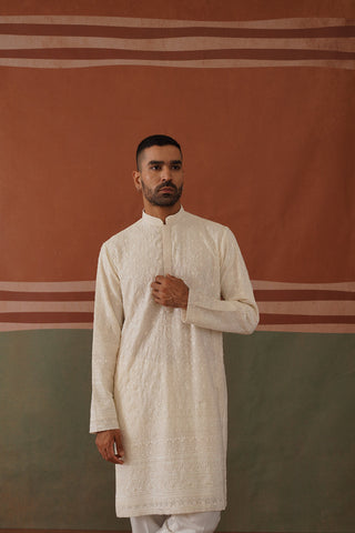 Karan Tacker in Nivan - Ivory Embroidered Kurta Trouser Set With Dupatta