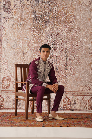 Rayan - Purple Resham Long Jacket Kurta Set