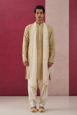 Faizal - Mehandi Hued Embroidered Kurta Patiyala Set With Dupatta