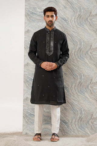 BLACK COTTON SILK MIRROR WORK KURTA SET