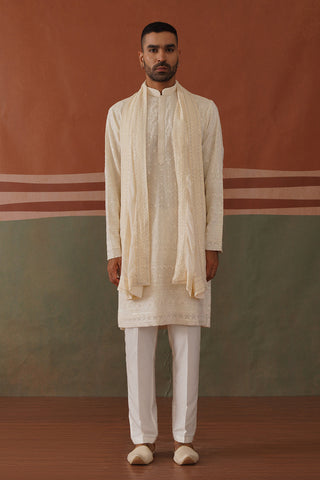 Karan Tacker in Nivan - Ivory Embroidered Kurta Trouser Set With Dupatta