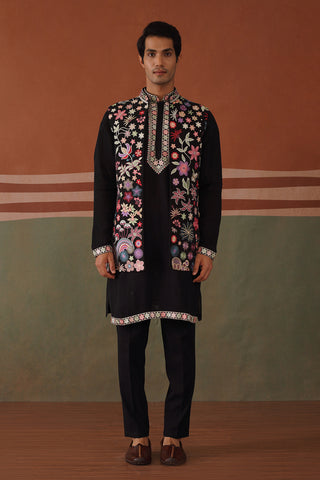 Kavil - Open Black Embroidered Jacket Kurta Set