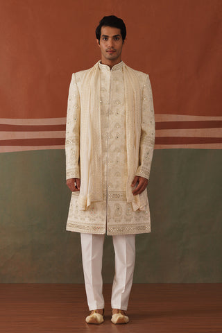 Shayan - Real Mirror Work Sherwani Set in Cream