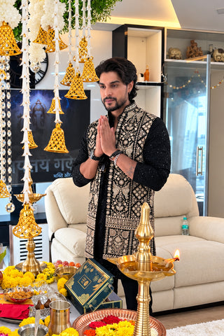 Ankit Gupta in Sanjh Black V Neckshort Kurta Jacket Set with Pants