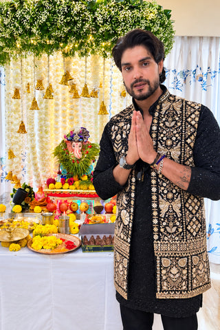 Ankit Gupta in Sanjh Black V Neckshort Kurta Jacket Set with Pants