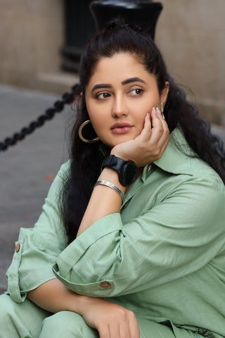 Rashami Desai in Sage Green Agnès Button Down Co-Ord Set