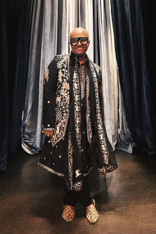 Faraz Arif Ansari in Zubir Pichwai Zari Black Kurta Jacket Set with Trousers and Dupatta