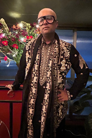 Faraz Arif Ansari in Zubir Pichwai Zari Black Kurta Jacket Set with Trousers and Dupatta