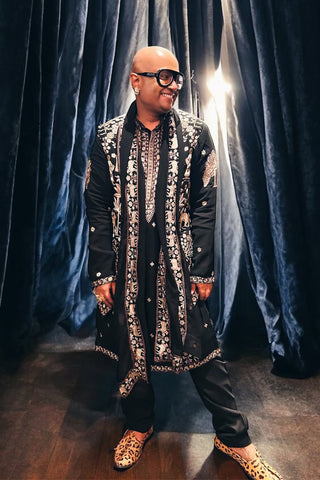 Faraz Arif Ansari in Zubir Pichwai Zari Black Kurta Jacket Set with Trousers and Dupatta