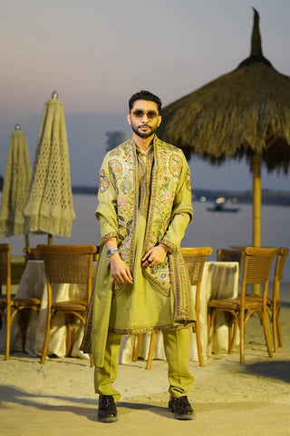 Zaid Darbar in Bagicha Tale Mehndi Kurta Jacket Set with Pants and Dupatta