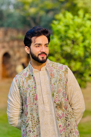Maveric Maaz in Phoolpankh Skyblue Kurta Jacket Patiyala Set