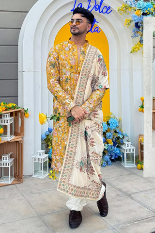 Dhaarmik Samani in Phoolpankh Haldi Kurta Set with Patiyala and Dupatta