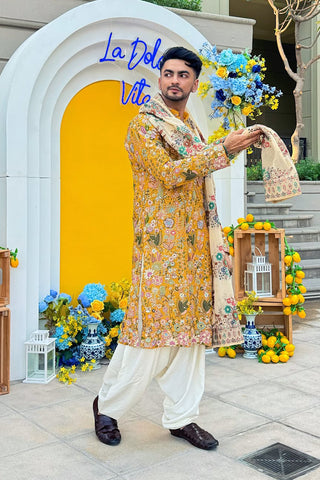 Dhaarmik Samani in Phoolpankh Haldi Kurta Set with Patiyala and Dupatta