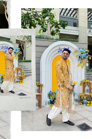 Dhaarmik Samani in Phoolpankh Haldi Kurta Set with Patiyala and Dupatta