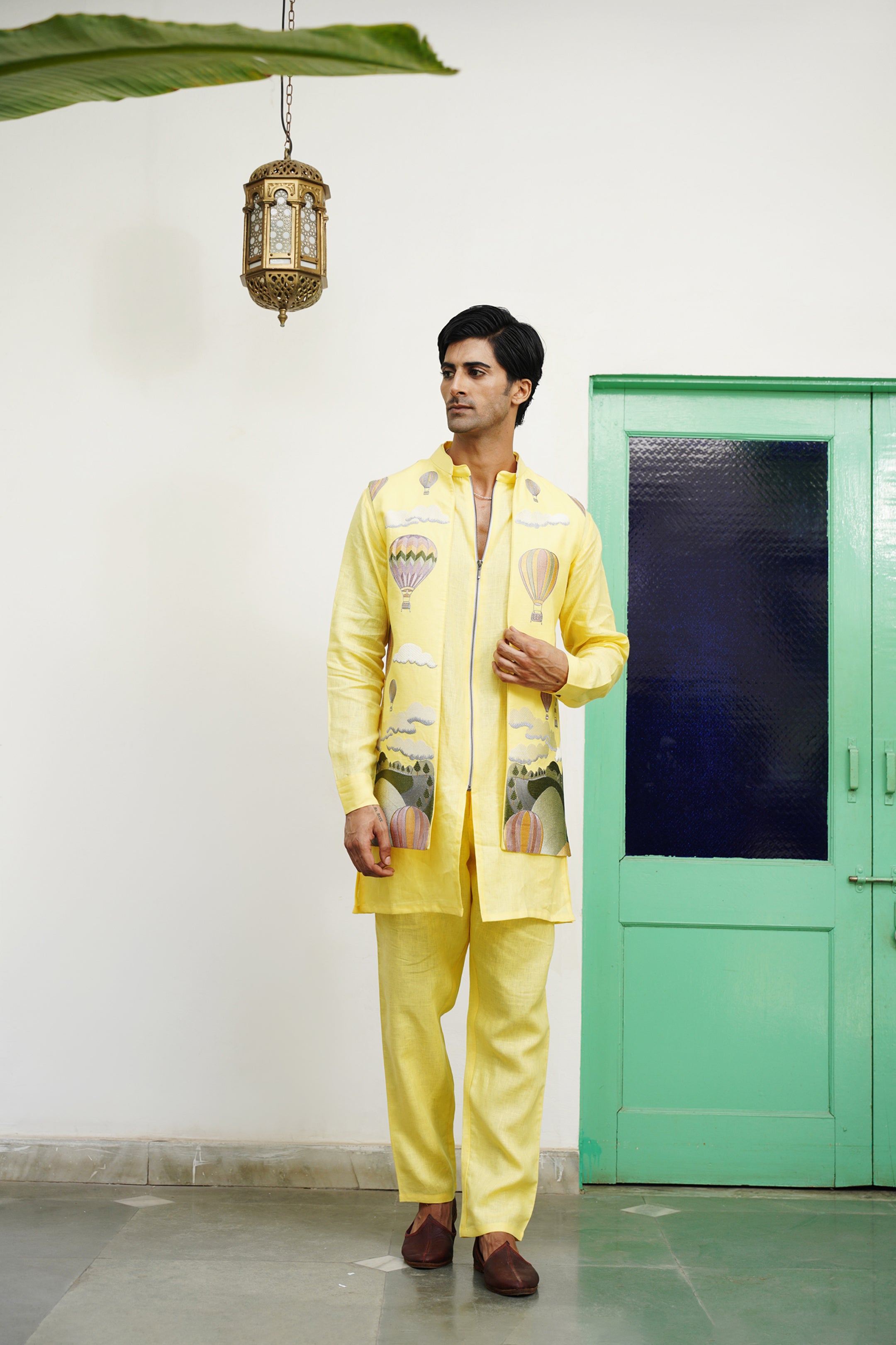 Yash Yellow Linen Front Open Long Jacket Set