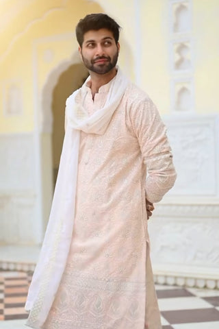 Harshit Mittal in Nairit - Pink Embroidered Kurta Set with Trousers and Dupatta