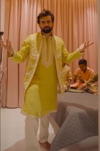 Jay Bhanushali in Aditya Haldi Kurta Set with Jacket and Dupatta and Trousers
