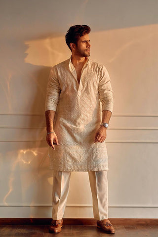 Karan Tacker in Nivan - Ivory Embroidered Kurta Trouser Set with Dupatta