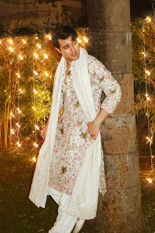 Rishabh Chawla in Phoolpankh Ivory Kurta Set with Patiyala and Dupatta