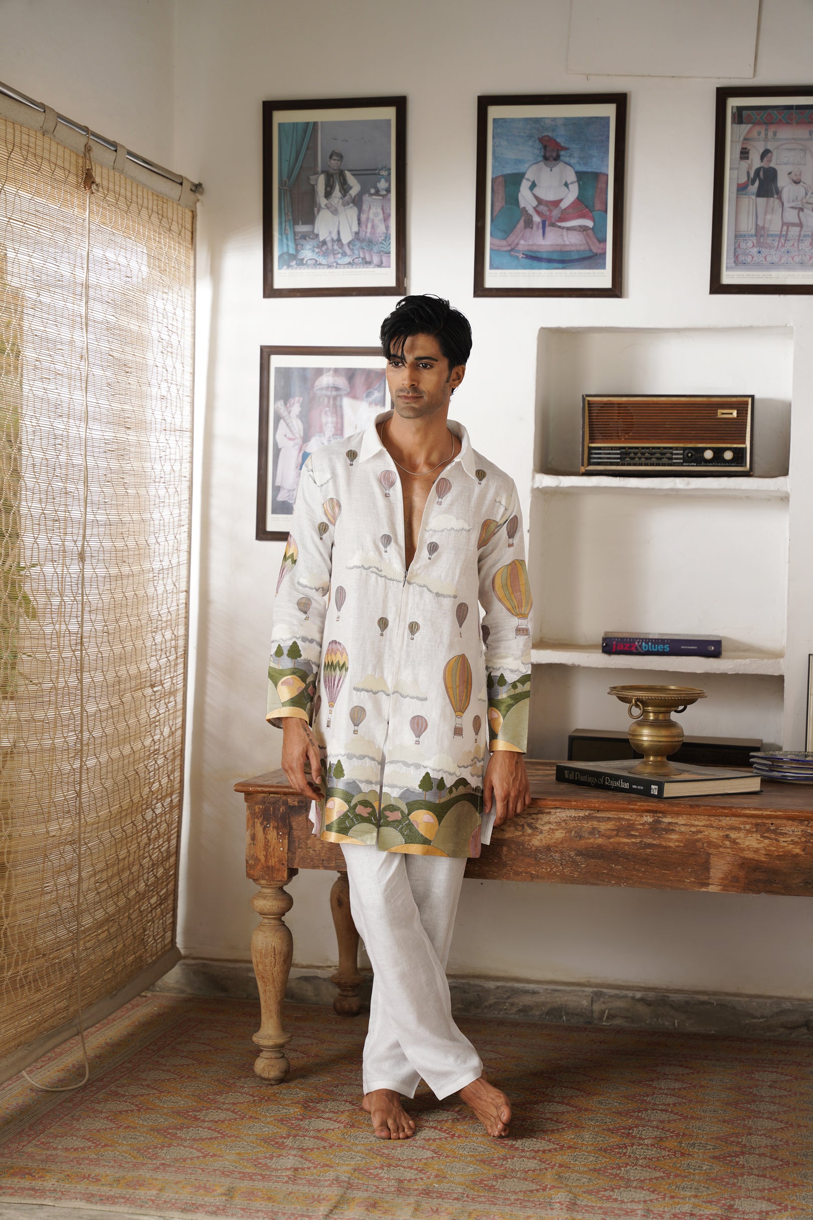 Yuvaan Off White Linen Zipper Front Open Kurta Set