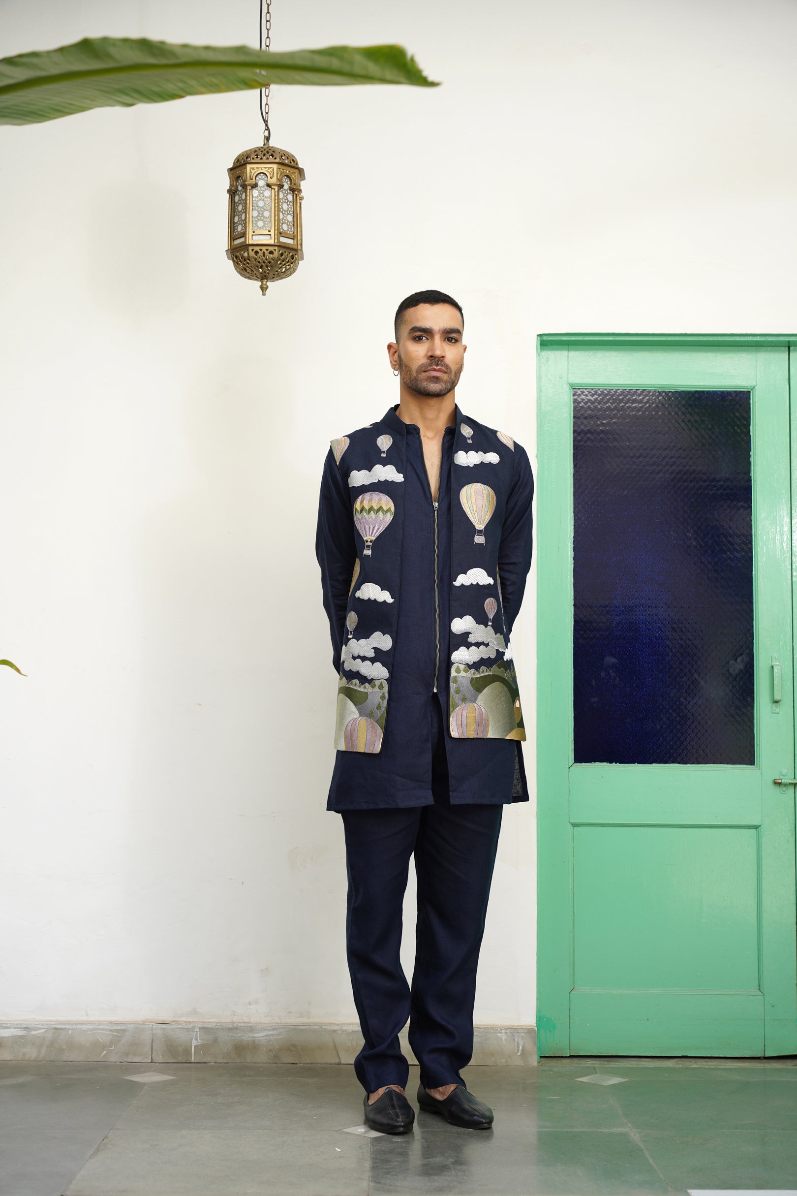 Naksh Navy Blue Linen Front Open Long Jacket Set