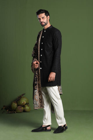 Rajas Black front open kurta Set with Heavy Embroidered Dupatta