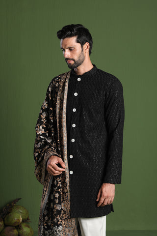 Rajas Black front open kurta Set with Heavy Embroidered Dupatta