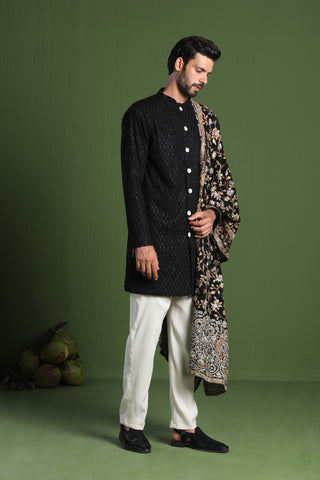 Rajas Black front open kurta Set with Heavy Embroidered Dupatta