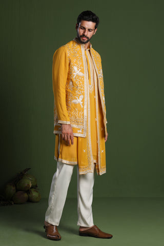 Jay Bhanushali in Aditya Haldi Kurta Set with Jacket and Dupatta