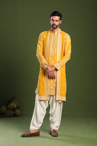 Rishabh Chawla in Ishaan Haldi Kurta Patiyala Set with Dupatta