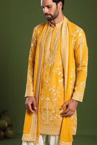 Rishabh Chawla in Ishaan Haldi Kurta Patiyala Set with Dupatta