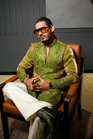 Digvijay Rathee in Arya Mehndi V Neck Short Kurta Set with Pants