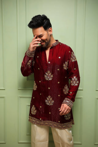 Sanjay Gaggnani in Taj Wine Short Kurta Set with Pants