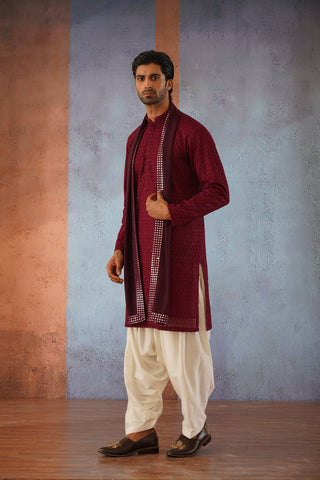 Qais - Wine Embroidered Kurta Set With Patiyala and Dupatta