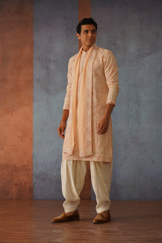 Ovais - Peach Embroidered Kurta Set with Dupatta