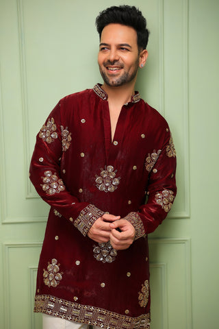 Sanjay Gaggnani in Taj Wine Short Kurta Set with Pants