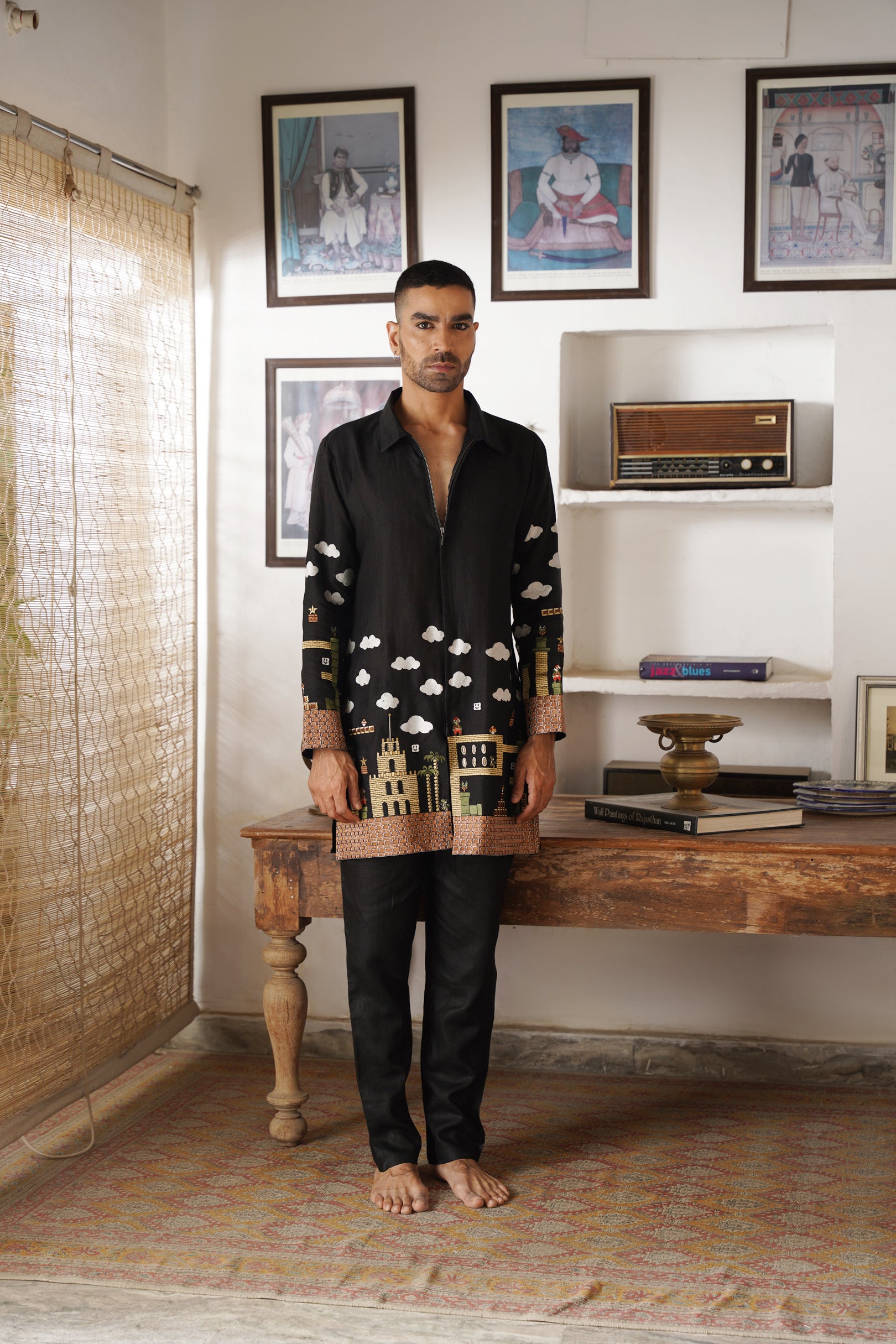 Rudra Black Linen Zipper Front Open Kurta Set