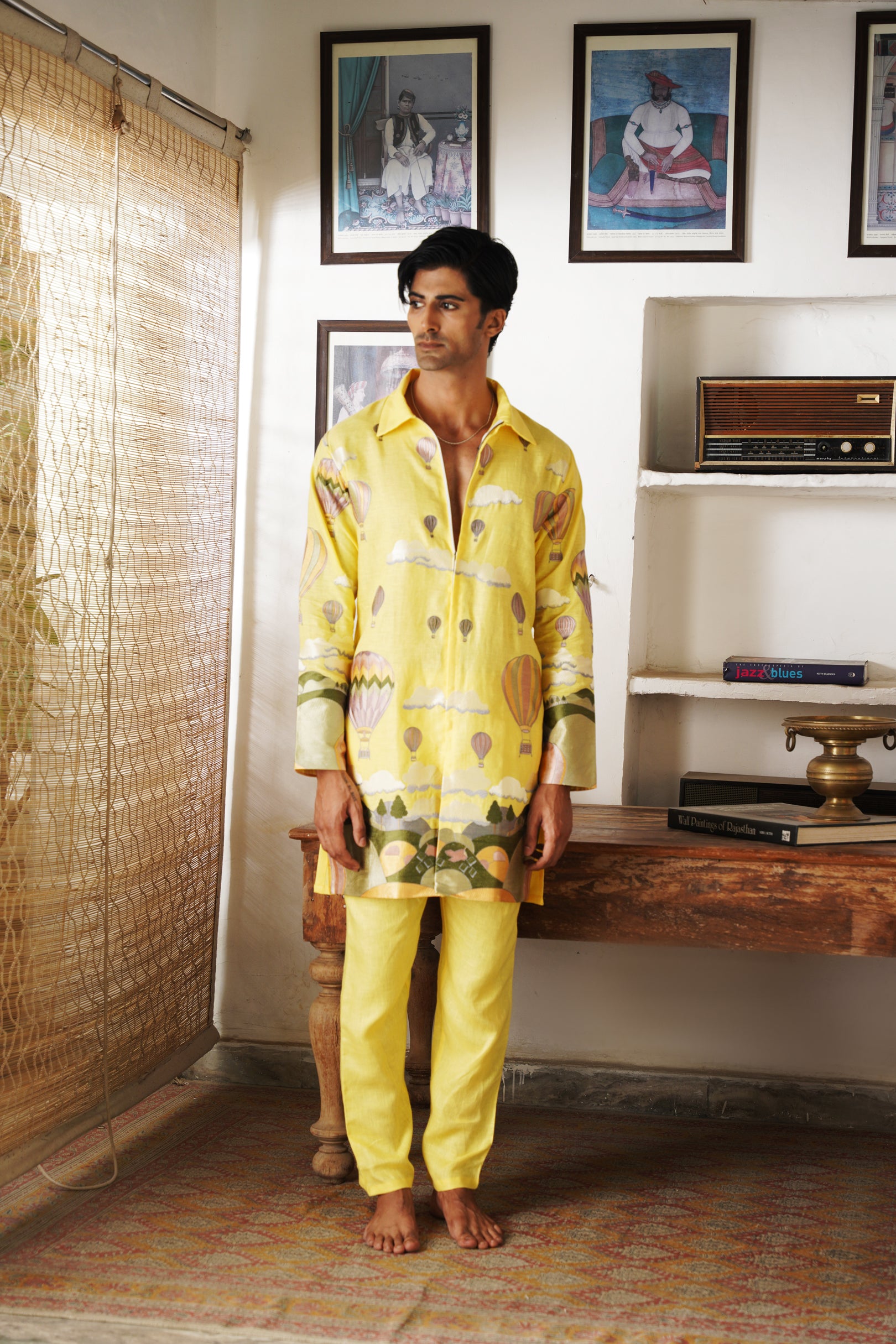 Arnav Yellow Linen Zipper Front Open Kurta Set