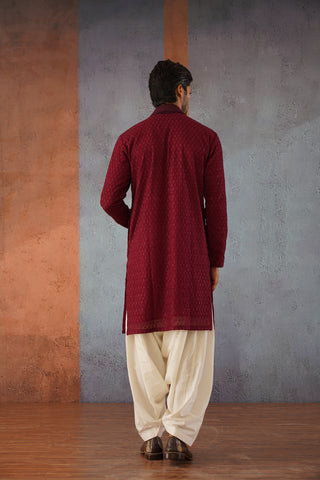 Qais - Wine Embroidered Kurta Set With Patiyala and Dupatta