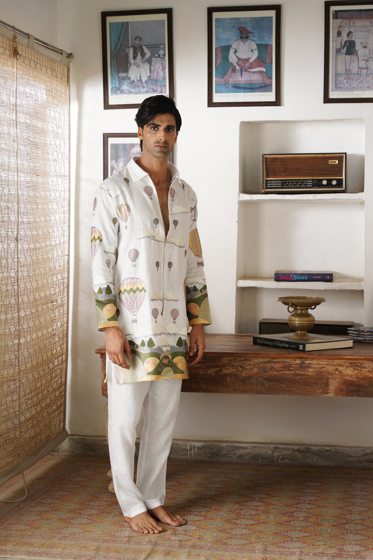 Yuvaan Off White Linen Zipper Front Open Kurta Set