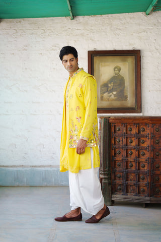 Daksha Real Mirror Work Yellow Kurta Jacket Set With Dhoti And Dupatta