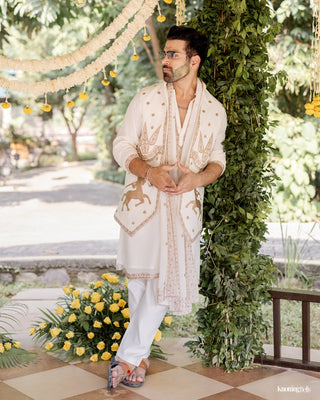 Rithvik Dhanjani in Kranthi ivory Jacket kurta set with trouser and Dupatta