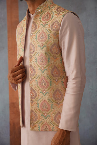 Kyran - Peach Resham Embroidered Jacket Kurta Set