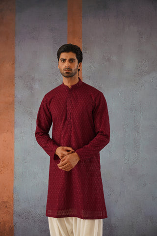 Qais - Wine Embroidered Kurta Set With Patiyala and Dupatta