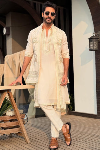 Krush in Aarav Ivory Jacket Kurta Set with Dupatta and Trousers