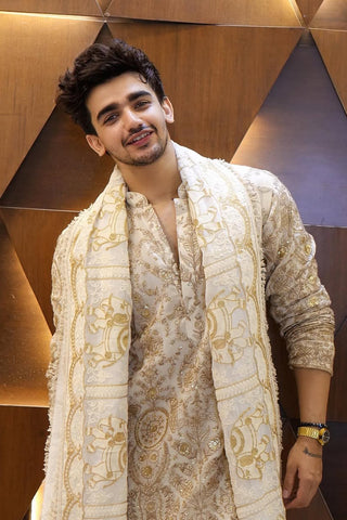 Vishal Pandey in Shubh Ivory Kurta Set with Patiyala and Dupatta